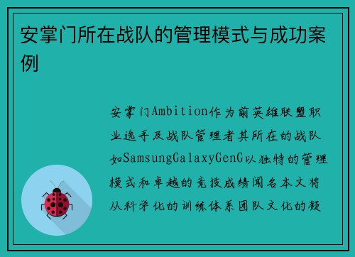 安掌门所在战队的管理模式与成功案例